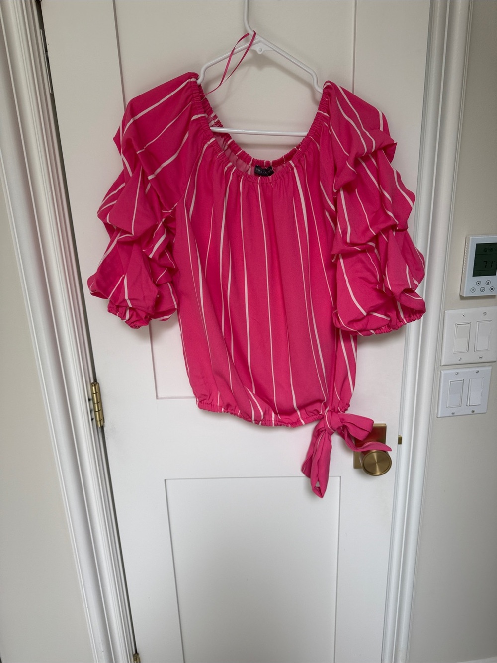 Vince Camuto Hot Pink Striped Ruffle Sleeve Blouse
